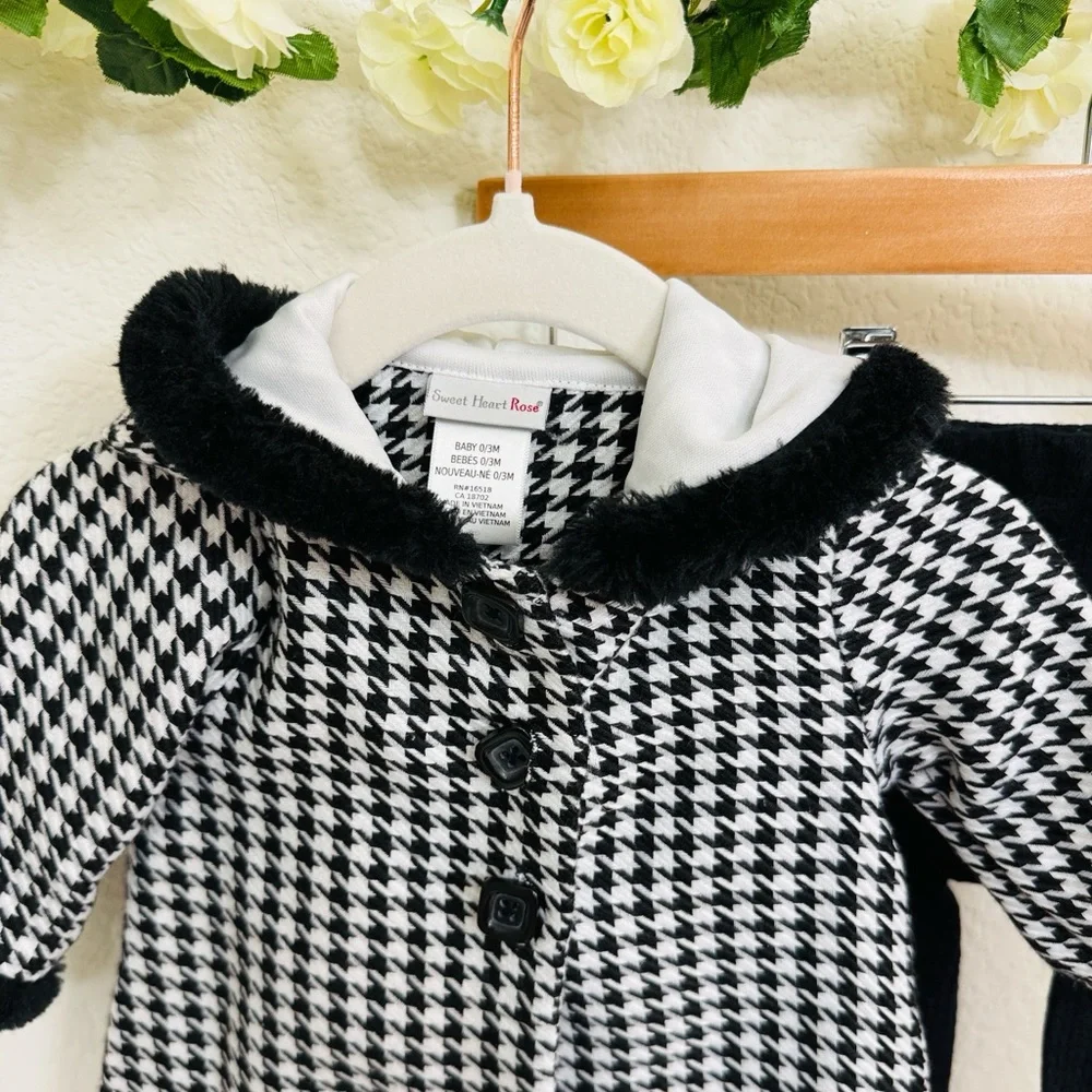 Sweet Heart Rose • Baby Houndstooth Faux Fur Coat & Tights Set